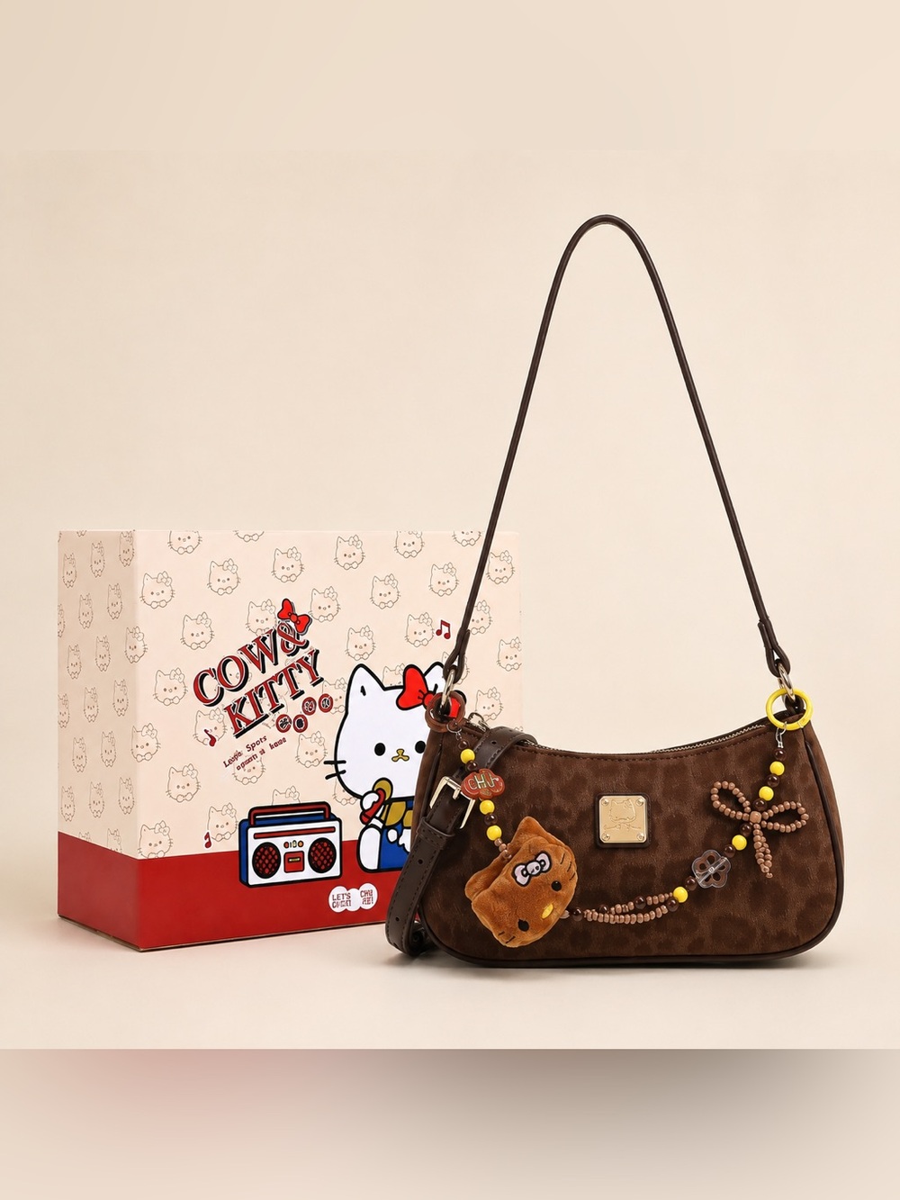Cow & Kitty Brown Shoulder Bag with Charm Accents
